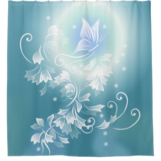 Rideaux De Douche Fleurs et papillon Turquoise (Devant)