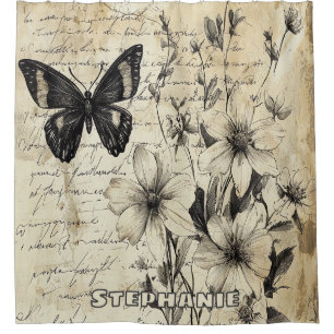 Rideaux De Douche Fleurs et papillons rustiques - Papier vieilli (1)
