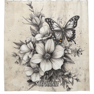Rideaux De Douche Fleurs et papillons rustiques - Papier vieilli (5)