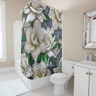 Rideaux De Douche Fleurs et Parties scintillant en argent avec nom p