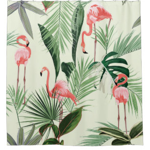 Rideaux De Douche Fleurs exotiques et flamands roses, feuilles de pa