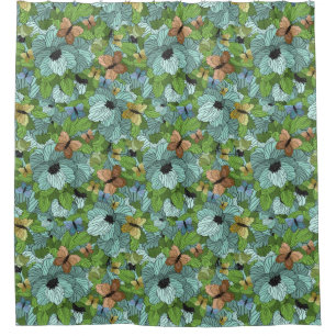Rideaux De Douche Fleurs Floral Foliage Papillons Tons verts