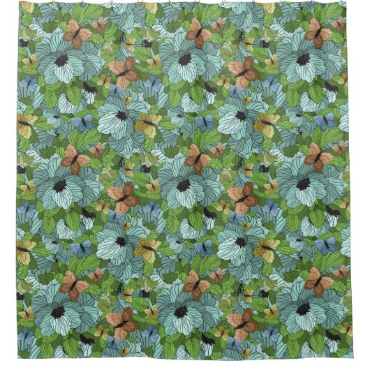Rideaux De Douche Fleurs Floral Foliage Papillons Tons verts (Devant)