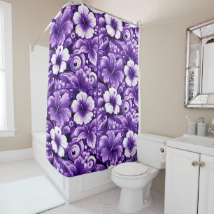 Rideaux De Douche Fleurs hawaïennes tropicales Hibiscus Motif violet