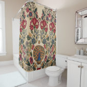 Rideaux De Douche FLEURS JAUNES BLEU ROUGE ET PARACOCK Antique Flora (En situation)
