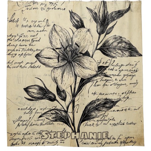 Rideaux De Douche Fleurs Marron Antique Calligraphie Parchemin (Devant)