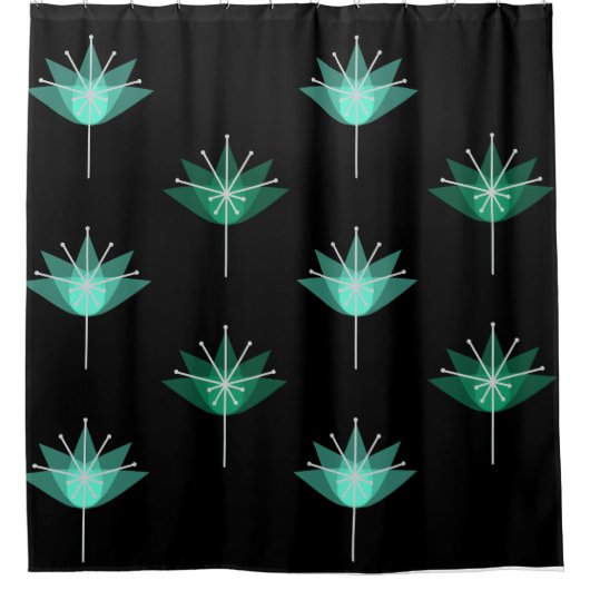 Rideaux De Douche Fleurs modernes du milieu du siècle Noir Turquoise (Devant)