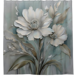 Rideaux De Douche Fleurs modernes gris bleu aqua