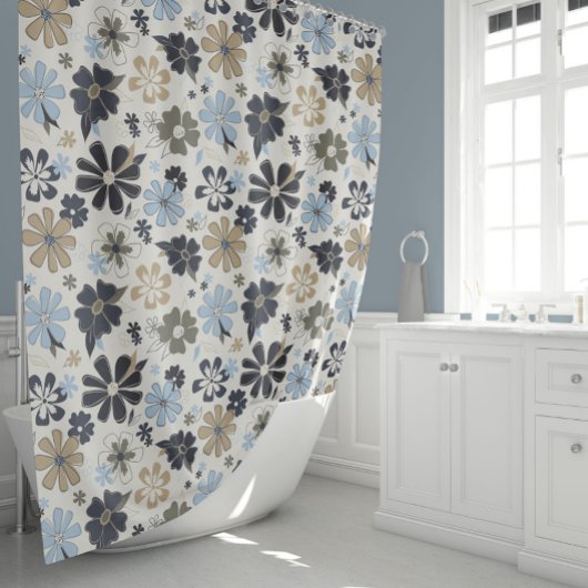 Rideaux De Douche Fleurs Motif bleu rétro