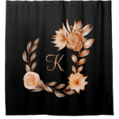 Rideaux De Douche Fleurs noir marron et pêche avec monogramme (Devant)