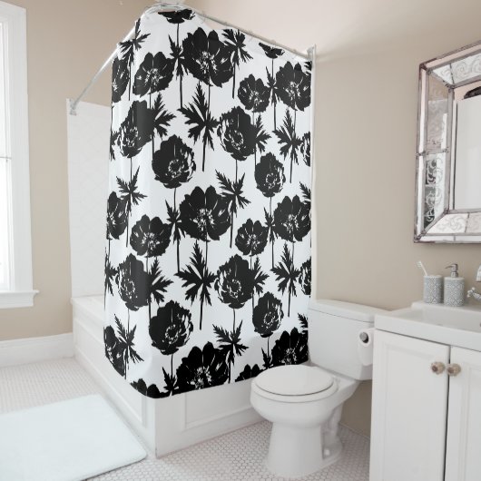 Rideaux De Douche Fleurs noires, blanc, Monochrome (En situation)