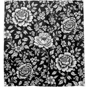 Rideaux De Douche Fleurs noires et blanches, motif sans couture vint