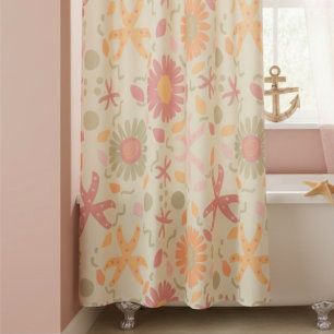 Rideaux De Douche Fleurs pastel et étoiles de mer sur crème