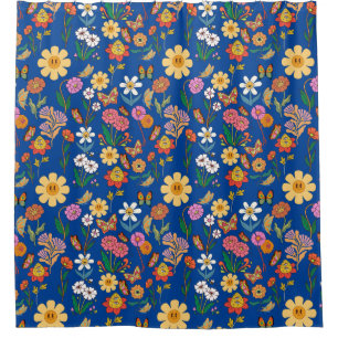 Rideaux De Douche Fleurs psychédéliques Motif x4 Bleu BG