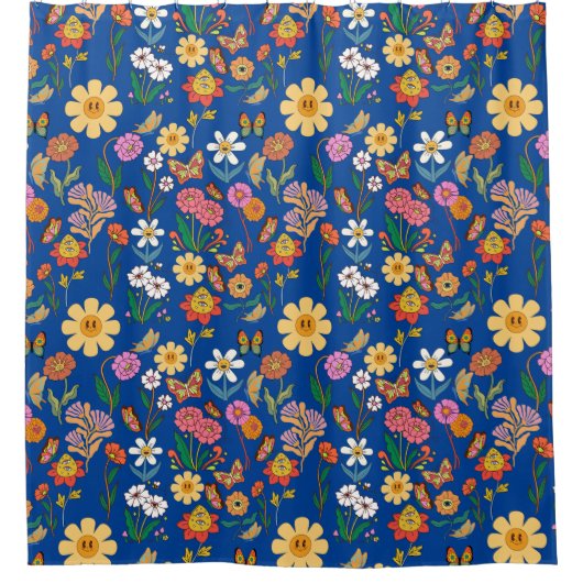 Rideaux De Douche Fleurs psychédéliques Motif x4 Bleu BG (Devant)