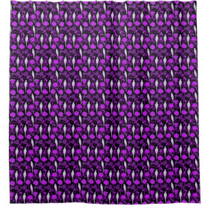 RIDEAUX DE DOUCHE FLEURS PURPLES ART DÉCO, PARROTS BLANCS SUR NOIR