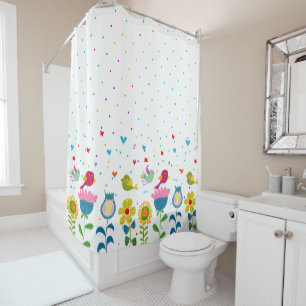 Rideaux De Douche Fleurs rétro colorées et oiseaux mignons