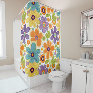 Rideaux De Douche Fleurs rétro Lilac orange et vert