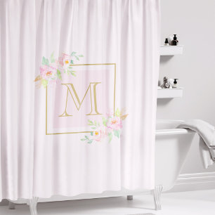Rideaux De Douche Fleurs rose saumon initiale personnalisée