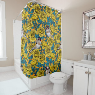 Rideaux De Douche Fleurs roses et oiseaux dorés