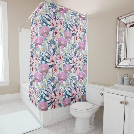 Rideaux De Douche Fleurs roses et orchidées. (En situation)