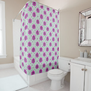 Rideaux De Douche Fleurs roses sur fond de menthe pour un style d'in