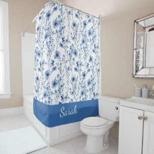 Rideaux De Douche Fleurs Sauvages Aquarelle Bleu Blanc Nom Floral