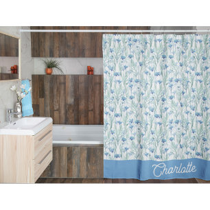 Rideaux De Douche Fleurs sauvages aquarelle bleue nom personnalisé