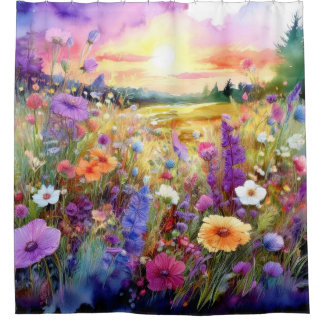 Rideaux De Douche Fleurs sauvages au coucher du soleil en aquarelle