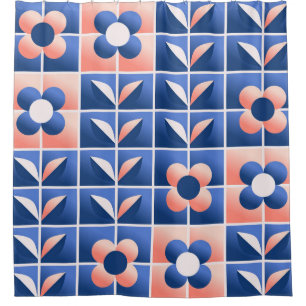 Rideaux De Douche Fleurs stylisées rétro : motif en mosaïque.