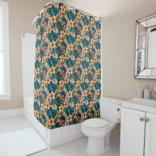 Rideaux De Douche Fleurs tropicales avec feuillage bleu et vert