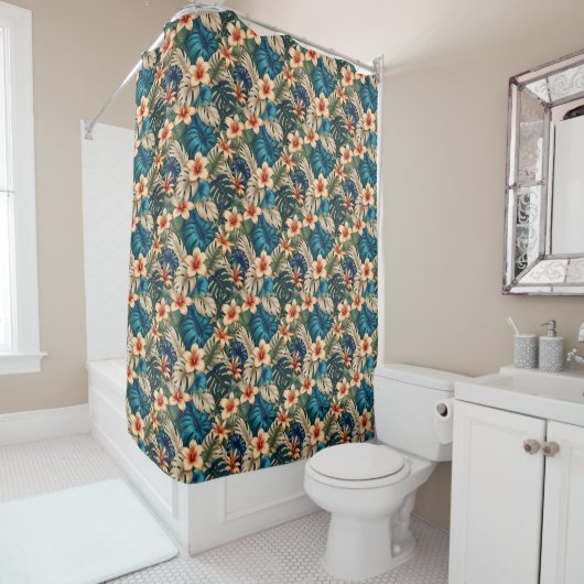 Rideaux De Douche Fleurs tropicales avec feuillage bleu et vert (En situation)
