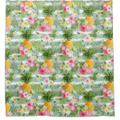 Rideaux De Douche Fleurs tropicales et ananas sur des bandes Turquoi (Devant)