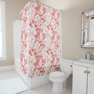 Rideaux De Douche Fleurs tropicales et colibri en corail et décalé