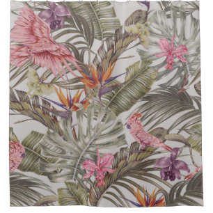 Rideaux De Douche Fleurs tropicales, feuilles de palmiers, oiseau de