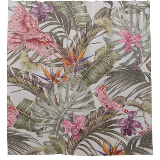 Rideaux De Douche Fleurs tropicales, feuilles de palmiers, oiseau de (Devant)