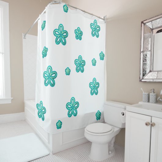 Rideaux De Douche fleurs turquoise (En situation)