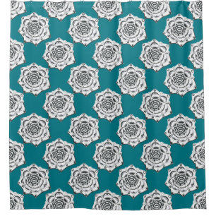 Rideaux De Douche Fleurs turquoises en noir et blanc