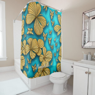 Rideaux De Douche Fleurs turquoises et or Nom personnalisé