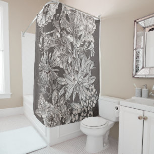 Rideaux De Douche Fleurs Vintage Moderne Ivoire Gris Botanique Rusti