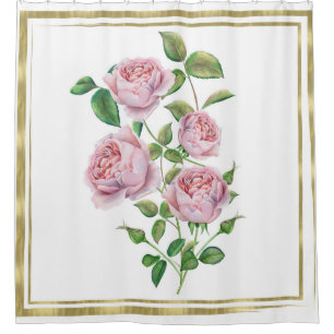Rideaux De Douche Fleurs Vintage Roses Botaniques Feuilles Vertes Or