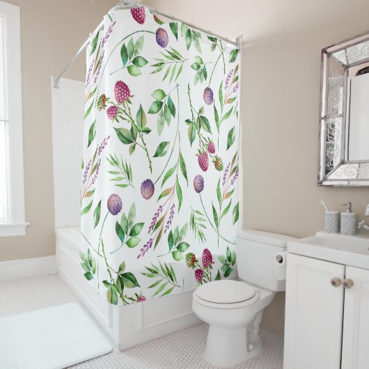 Rideaux De Douche Fleurs violettes et Motif de baies rouges (En situation)