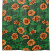 Rideaux De Douche Fleurs Zinnia orange, feuilles verts sur vert fonc (Devant)