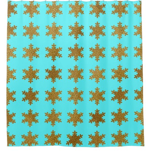 Rideaux De Douche Flocons de neige dorés scintillants Turquoise Bleu (Devant)