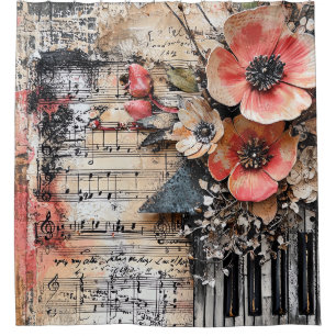 Rideaux De Douche Floral avec touches de piano rustique et feuille d