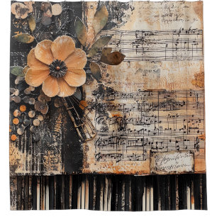 Rideaux De Douche Floral avec touches de piano rustique et feuille d