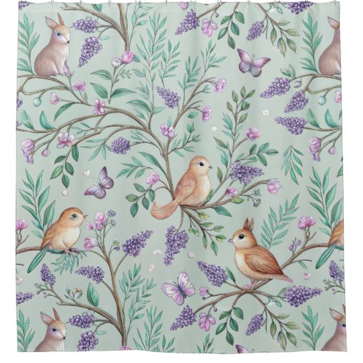 Rideaux De Douche Floral Birds Pattern on Mint Background (9) (Devant)