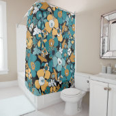 Rideaux De Douche Floral Doodles Aqua Teal Mustard Black White (En situation)
