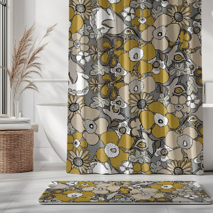 Rideaux De Douche Floral Doodles Moutarde Beige Taupe Gris Noir