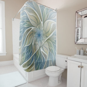 Rideaux De Douche Floral Dream Motif Abstrait Blue Khaki Fractal